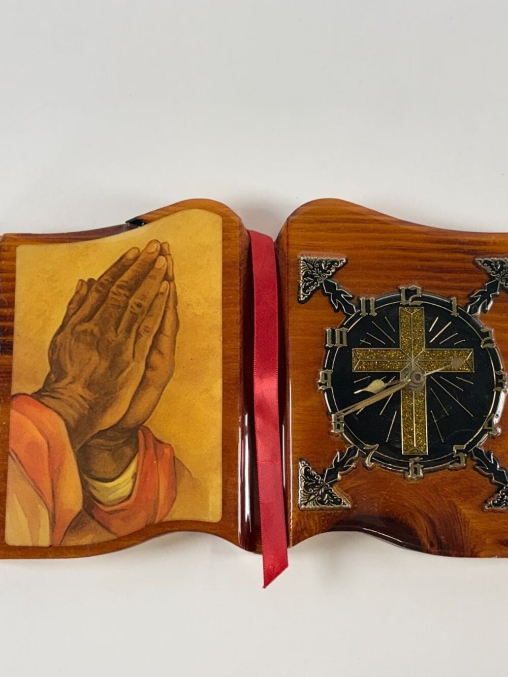 Wood Praying Hands Religious Decor Wall Clock with Gold Cross Damaged Clock